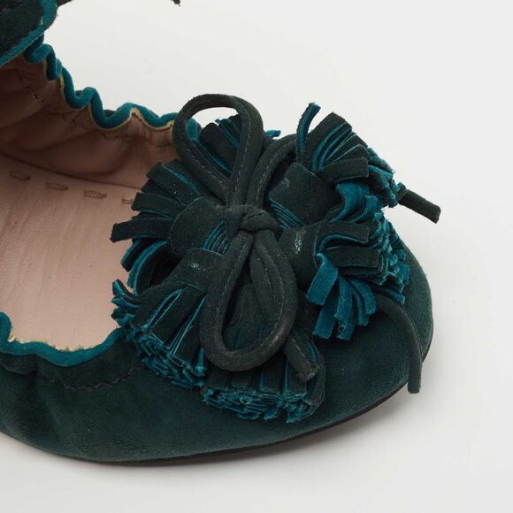 Miu Miu Dark Green Suede Fringe Bow Scrunch Ballet Flats Size 38